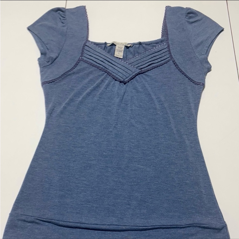 American Rag y2k Light Blue Lace Trim Pleated Fitted Short Sleeve Shirt Top
